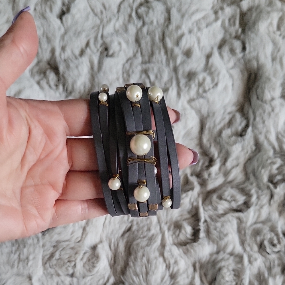 Black and Gold Leather Bracelet with Pearl Accents
